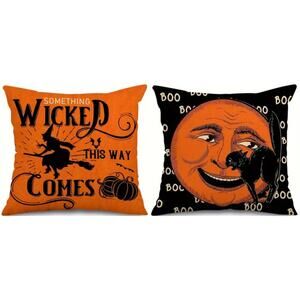 2 Retro Halloween Pillowcase Covers Only 18x18 Orange Moon Linen Mid Century